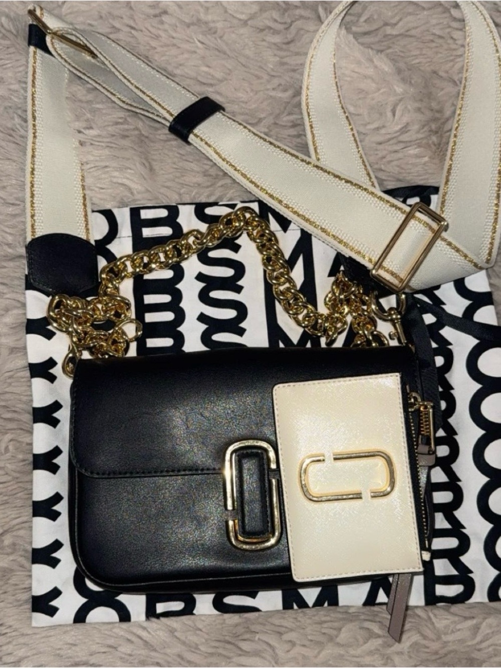Marc Jacobs Black and Cream Colorblock Crossbody with Gold Chain